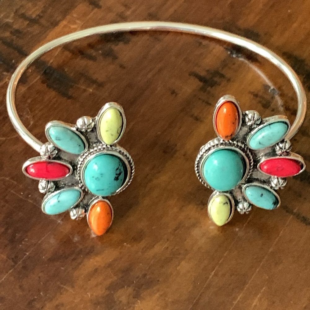 Desert Cluster Cuff Bracelet – Faux Turquoise, Coral & Spiny Oyster Stones